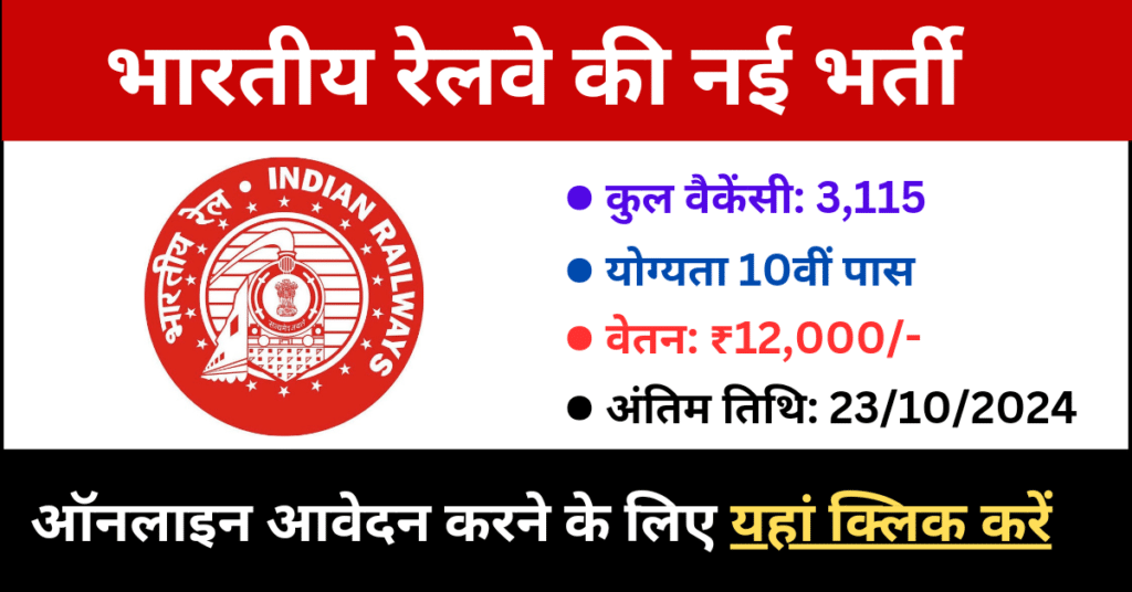 RRC ER Railway Vacancy 2024: 10वीं पास हेतु 3115 पदों पर भर्ती का नोटीफिकेशन जारी, आवेदन 23 अक्टूबर तक