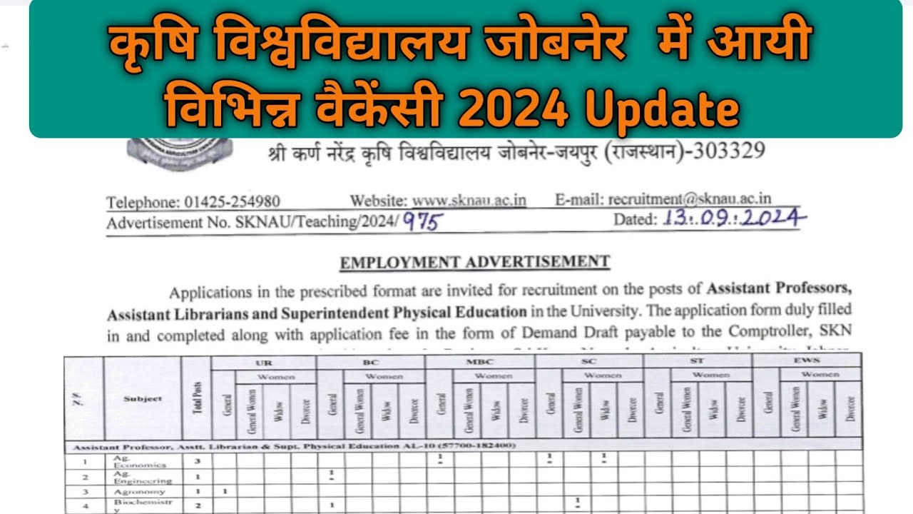 SKNAU University Vacancy 2024: कृषि विश्वविद्यालय में बिना परीक्षा के निकली एक साथ बंपर भर्तियां, आवेदन 25 अक्टूबर तक