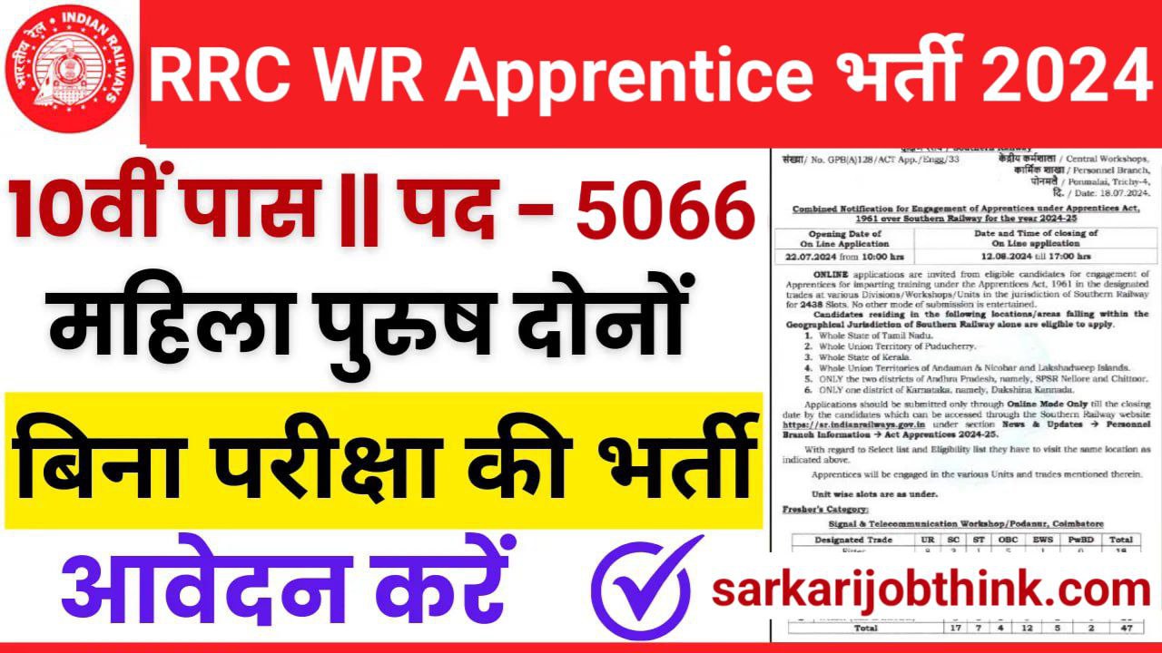 RRC Western Railway Vacancy 2024: रेलवे ने 10वीं पास के लिए 5066 पदों पर भर्ती का नोटिफिकेशन जारी किया