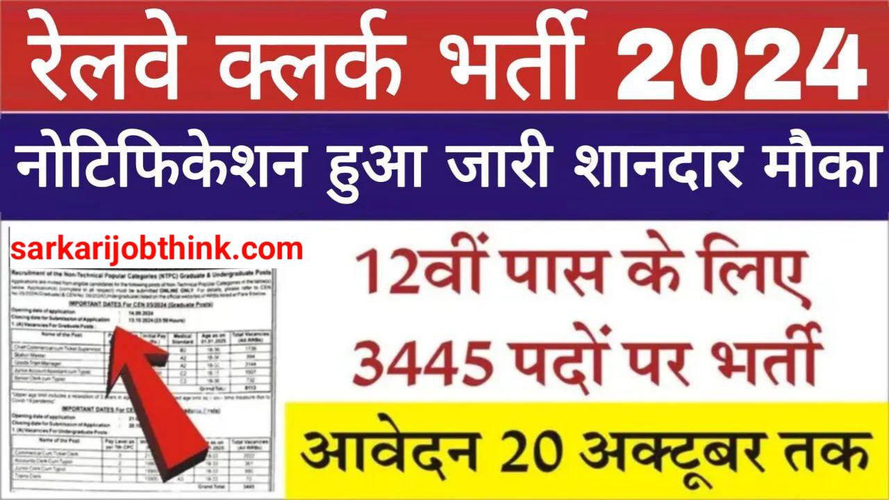 Railway Ticket Clerk Recruitment 2024: रेलवे टिकट क्लर्क 3445 पदों पर भर्ती नोटिफिकेशन जारी आवेदन शुरू