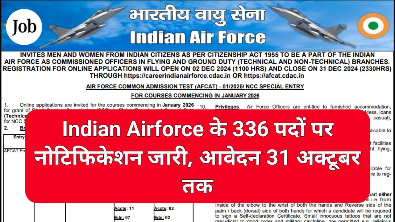 Indian Airforce AFCAT 01/2025 Batch Recruitment 2024: एयरफोर्स के 336 पदों पर ऑनलाइन आवेदन शुरू