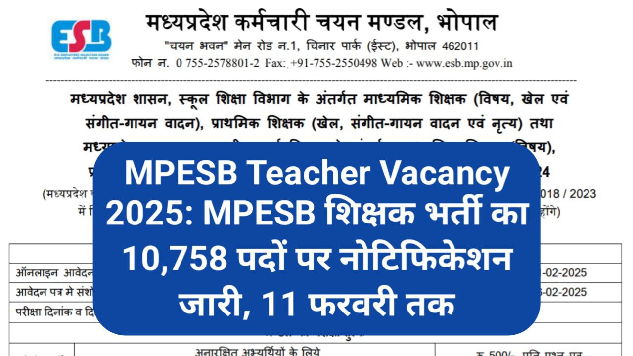 MPESB Teacher Vacancy 2025: MPESB शिक्षक भर्ती का 10,758 पदों पर नोटिफिकेशन जारी, 11 फरवरी तक